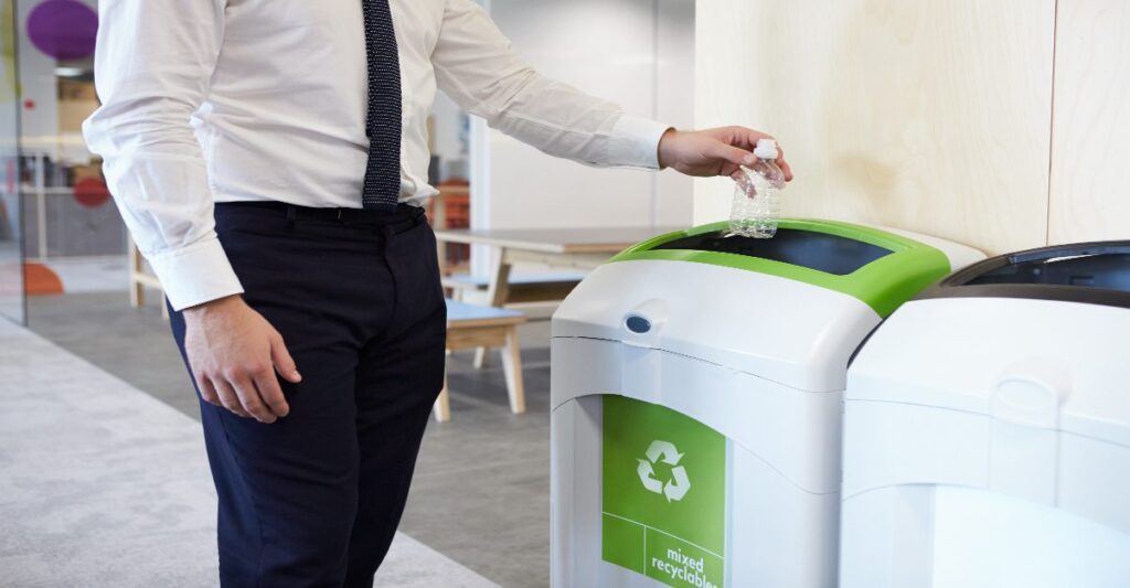 Workplace recycling stations. Source separation of recyclables makes recycling collections more effective.