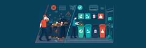 Split-scene illustration showing a poorly managed food organics waste area with contamination and confusion beside an organised bin room with clear sorting, labelled waste streams and correct food waste disposal.
